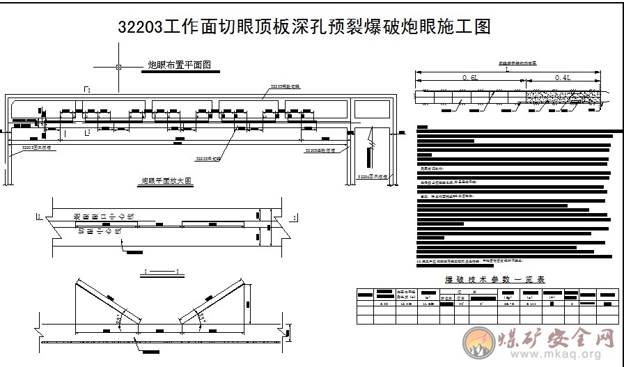 32203工作麵切眼頂板深孔預裂爆破炮眼施工圖