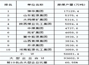 前5月大型煤企原煤產量前10名企業（圖）